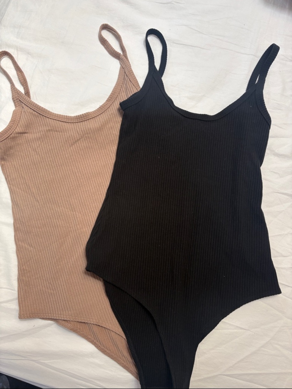 Reformation Ribbed Scoop Neck Bodysuit - Black (XS) and Taupe (S) set of 2